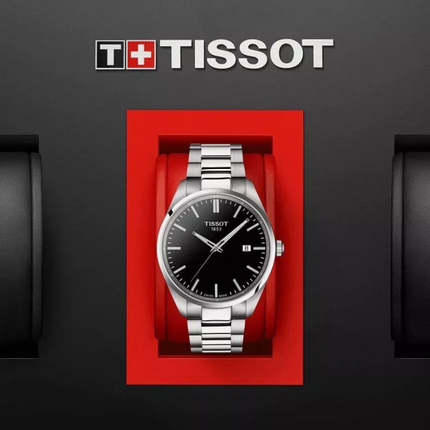 Vista frontal del reloj Tissot PR 100 T150.410.11.051.00 con esfera negra