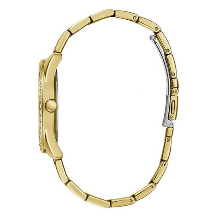 Vista lateral del reloj Guess W1201L2 en acabado dorado
