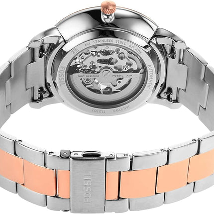 Vista lateral del reloj Fossil ME3196 en acero plateado y rosado