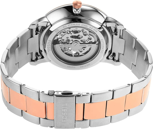 Vista lateral del reloj Fossil ME3196 en acero plateado y rosado