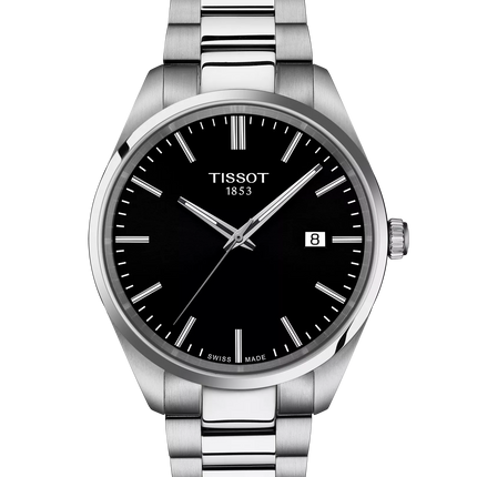 Reloj Tissot PR 100 T150.410.11.051.00 para hombre con esfera negra y brazalete de acero plateado