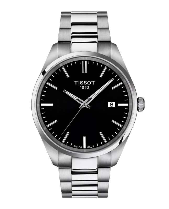 Reloj Tissot PR 100 T150.410.11.051.00 para hombre con esfera negra y brazalete de acero plateado