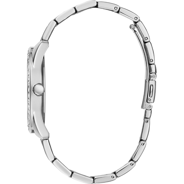 Vista lateral del reloj Guess W1201L1 en acabado plateado