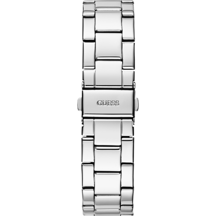 Parte trasera y cierre del reloj Guess W1201L1 en acero plateado
