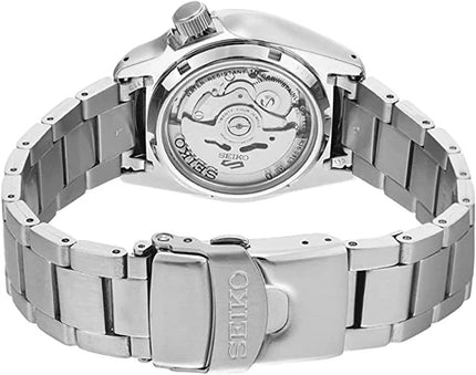 Parte trasera y cierre del reloj Seiko SRPE51K1 en acero plateado