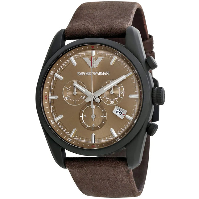 Vista frontal del reloj Emporio Armani AR6078 con esfera marrón