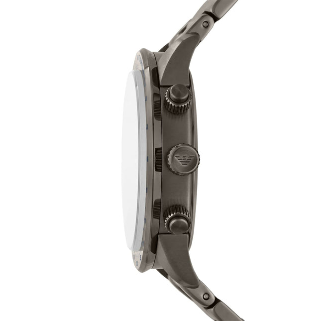 Vista lateral del reloj Emporio Armani AR80045 en acero gris