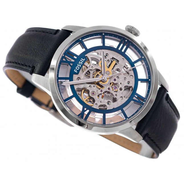 Detalle de la esfera abierta azul del reloj Fossil ME3200 automático para hombre