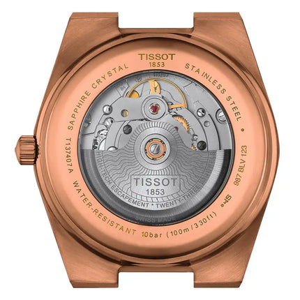 Vista trasera del reloj Tissot PRX Powermatic 80 de 40 mm en acero con PVD oro rosa