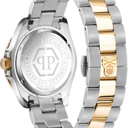 Vista lateral del reloj Philipp Plein PWOAA0722 en acero plateado y dorado