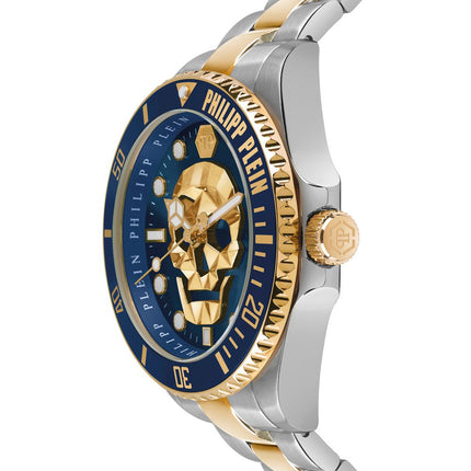 Detalle de la esfera azul y dorada del reloj Philipp Plein PWOAA0722