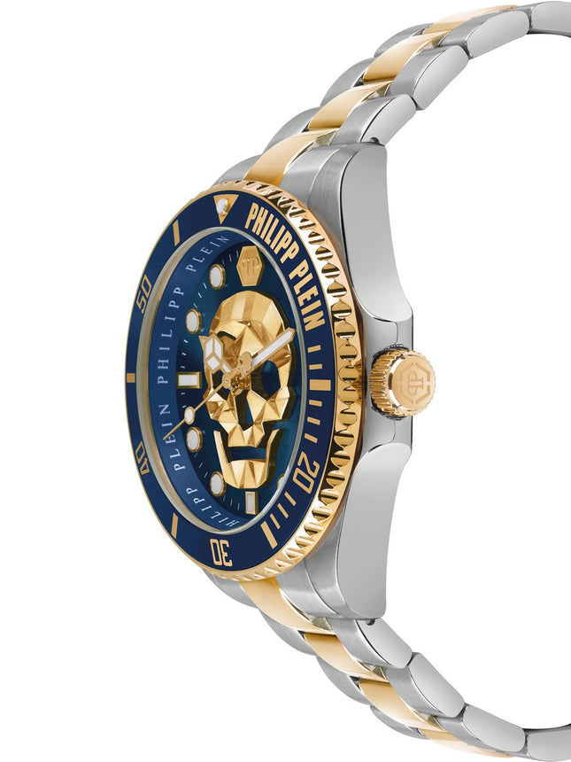 Detalle de la esfera azul y dorada del reloj Philipp Plein PWOAA0722