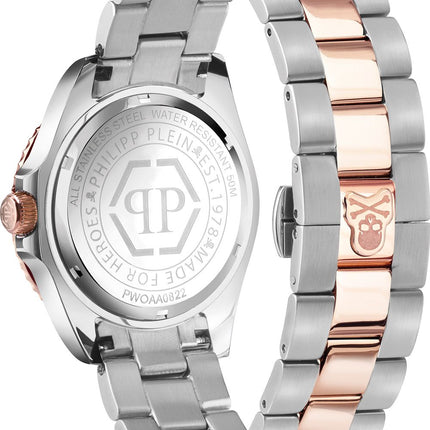 Parte trasera y cierre del reloj Philipp Plein PWOAA0822 en acero bicolor