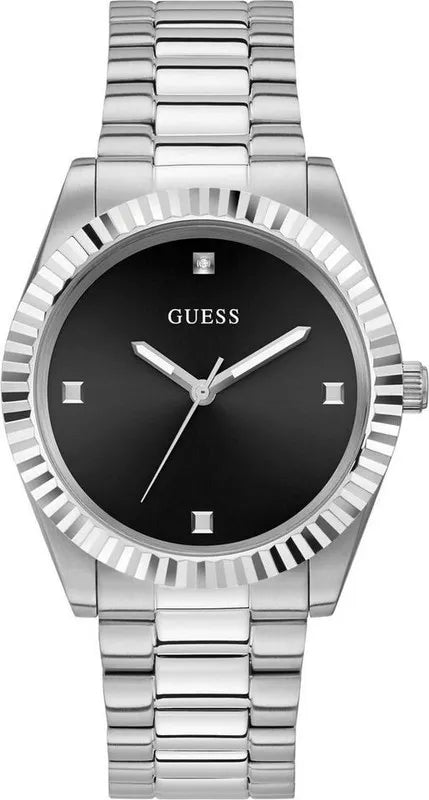 Reloj Guess Connoisseur GW0542G1 para hombre con brazalete de acero inoxidable plateado y esfera negra.
