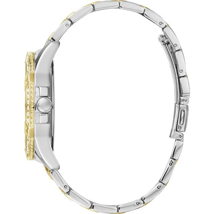 Vista lateral del reloj Guess W1156L5 en acabado bicolor