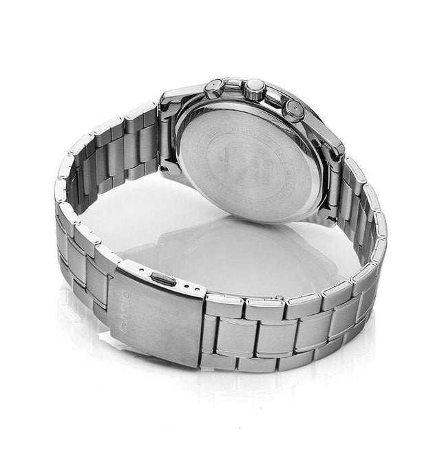 Parte trasera y cierre del reloj Casio MTP-1375D-1AVEF con correa plateada