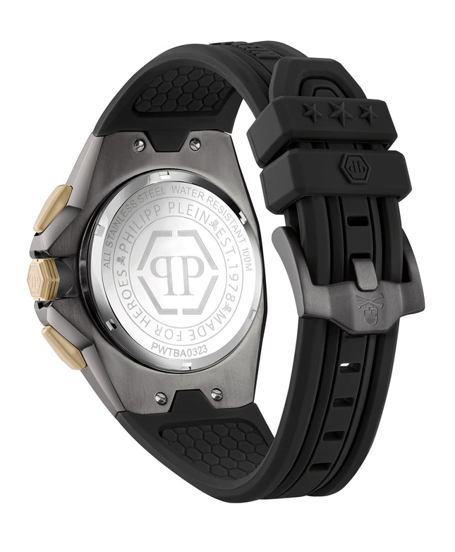 Parte trasera y cierre del reloj Philipp Plein PWTBA0323 con correa negra