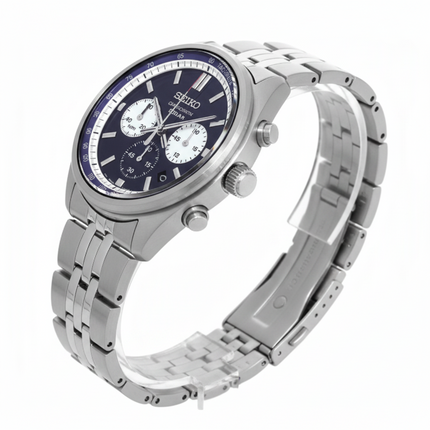 Vista lateral del reloj Seiko SSB427P1 en acero plateado