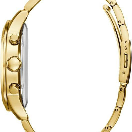 Vista lateral del reloj Guess W0668G8 con caja dorada