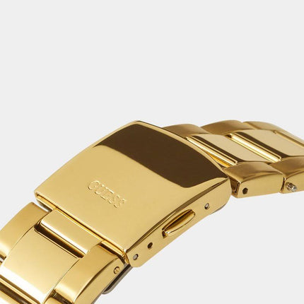 Parte trasera y cierre del reloj Guess W0668G8 con correa dorada