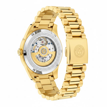 Parte trasera y cierre del reloj Versace VEOU00625 con correa dorada