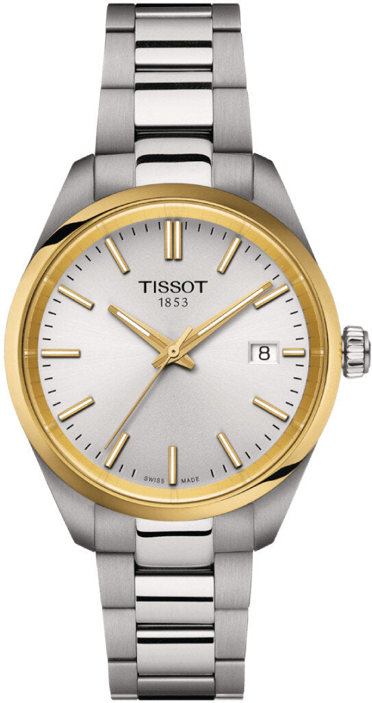 Reloj Tissot PR 100 T150.210.21.031.00 para mujer con esfera plateada y brazalete bicolor