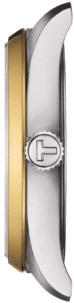Vista lateral del reloj Tissot PR 100 de 34 mm en acero inoxidable bicolor