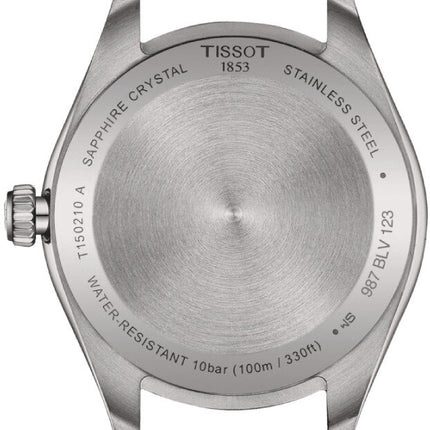 Vista trasera del reloj Tissot PR 100 de 34 mm en acero inoxidable bicolor