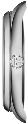 Vista lateral del reloj Tissot PR 100 Jungfraubahn en acero inoxidable plateado