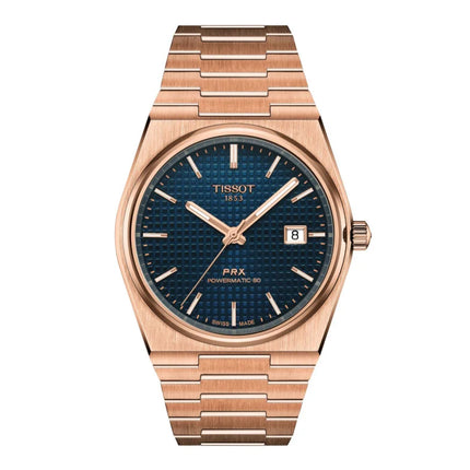 Reloj Tissot PRX Powermatic 80 T137.407.33.041.00 automático con esfera azul y acabado oro rosa