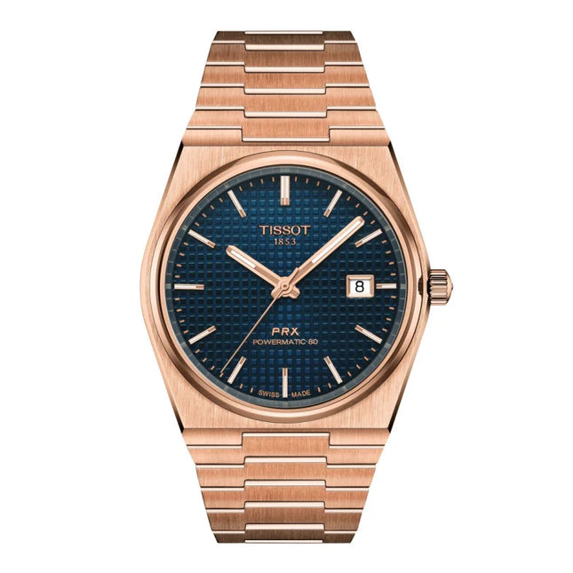 Reloj Tissot PRX Powermatic 80 T137.407.33.041.00 automático con esfera azul y acabado oro rosa