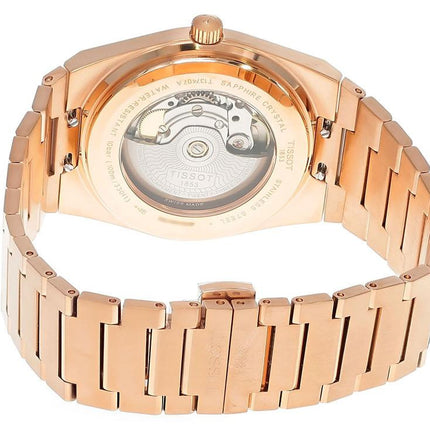 Vista trasera del reloj Tissot PRX Powermatic 80 de 40 mm en acero con PVD oro rosa