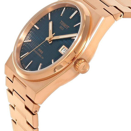 Vista lateral del reloj Tissot PRX Powermatic 80 de 40 mm en acero con PVD oro rosa