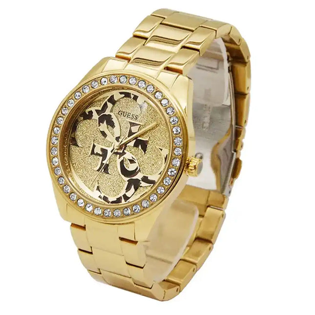 Detalle de la esfera dorada del reloj Guess W1201L2 para mujer